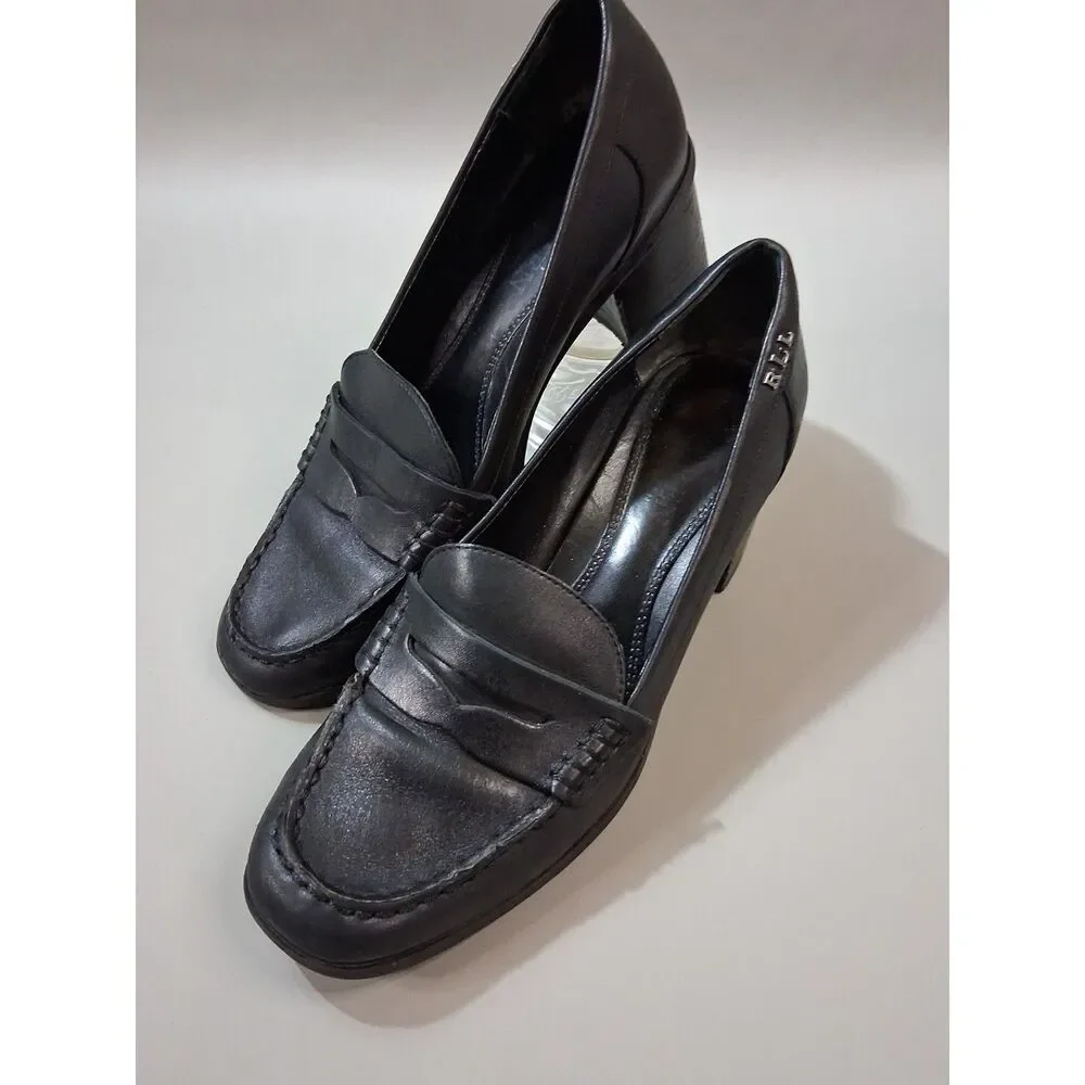 Lauren Ralph Lauren Womens Black Leather Block Heel Penny Loafers Pumps Size 8B